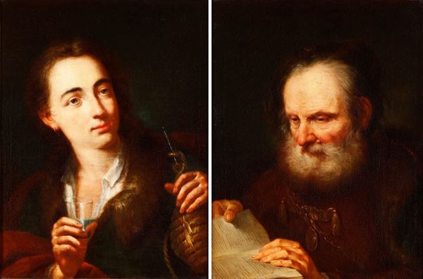 Scuola veneta del XVIII secolo Ritratto di anziano e ritratto di giovane con fiasco