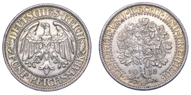 GERMANIA - REPUBBLICA DI WEIMAR, 1919-1933. 5 Reichsmark 1932. Berlino.  - Asta Numismatica - I - Cambi Casa d'Aste