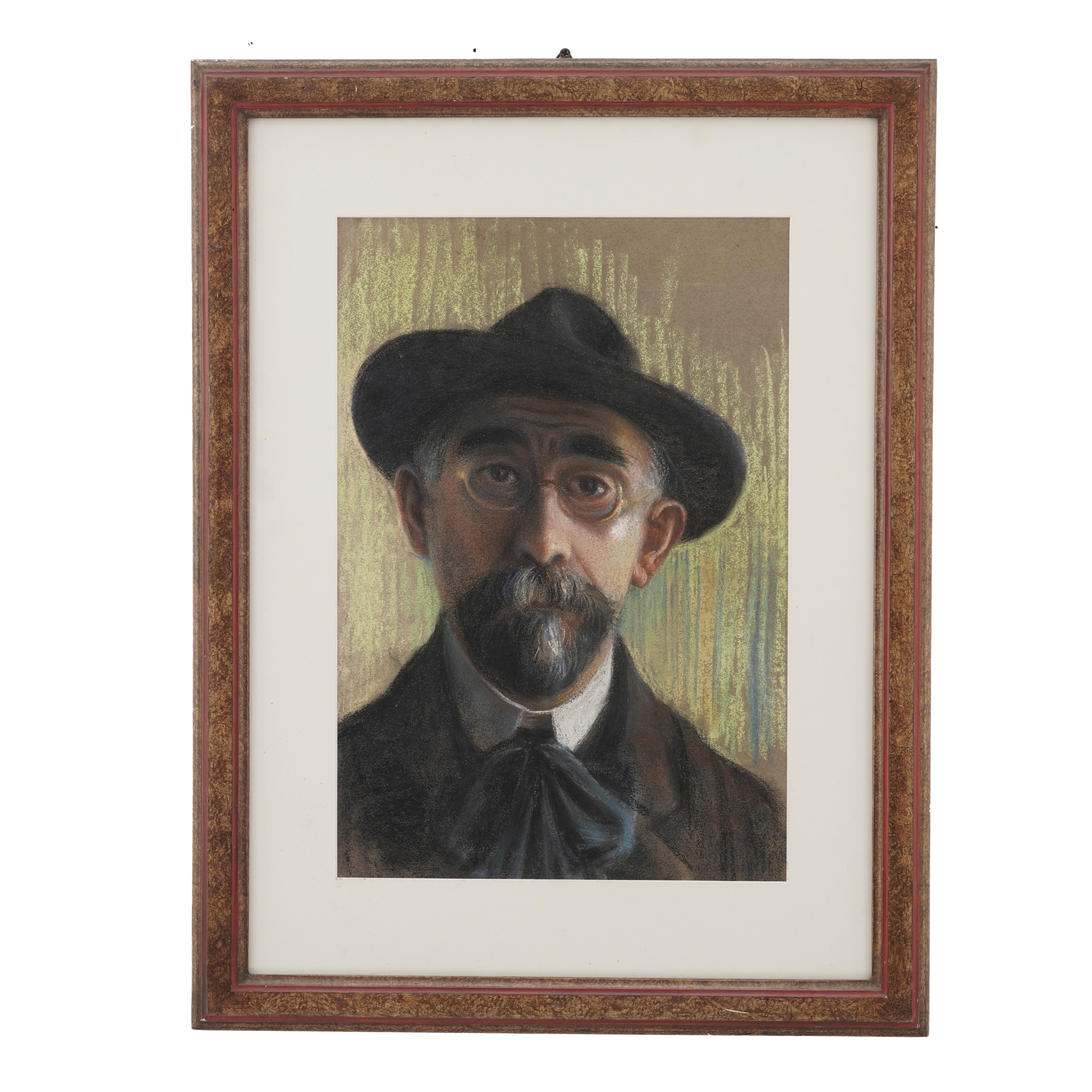 Anonimo, Uomo con cappello e occhiali, pastelli colorati su carta