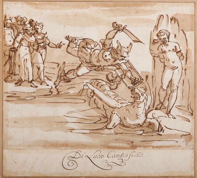 Luca Cambiaso : Perseo libera Andromeda  - penna, inchiostro bruno e acquerello su carta - Auction Old Masters Paintings - I - Cambi Casa d'Aste