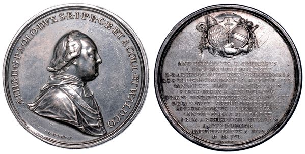 AUSTRIA E REPUBBLICA CECA. Arcidiocesi di Olomouc sede arcivescovile sotto la dominazione Asburgica. Anton Theodor Graf von Colloredo-Waldsee, 1777-1811. Medaglia in argento 1779.