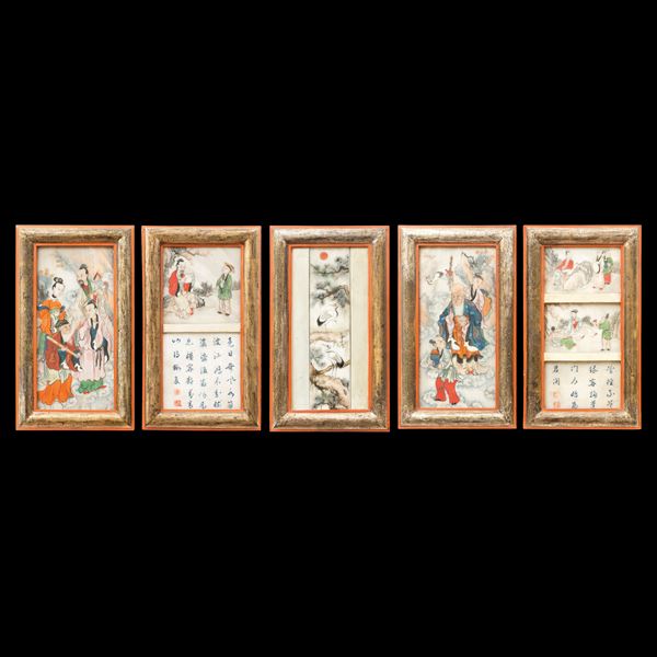 Lot composed of five painted marble plaques depicting characters, landscapes and inscriptions, China, Qing Dynasty, 19th century