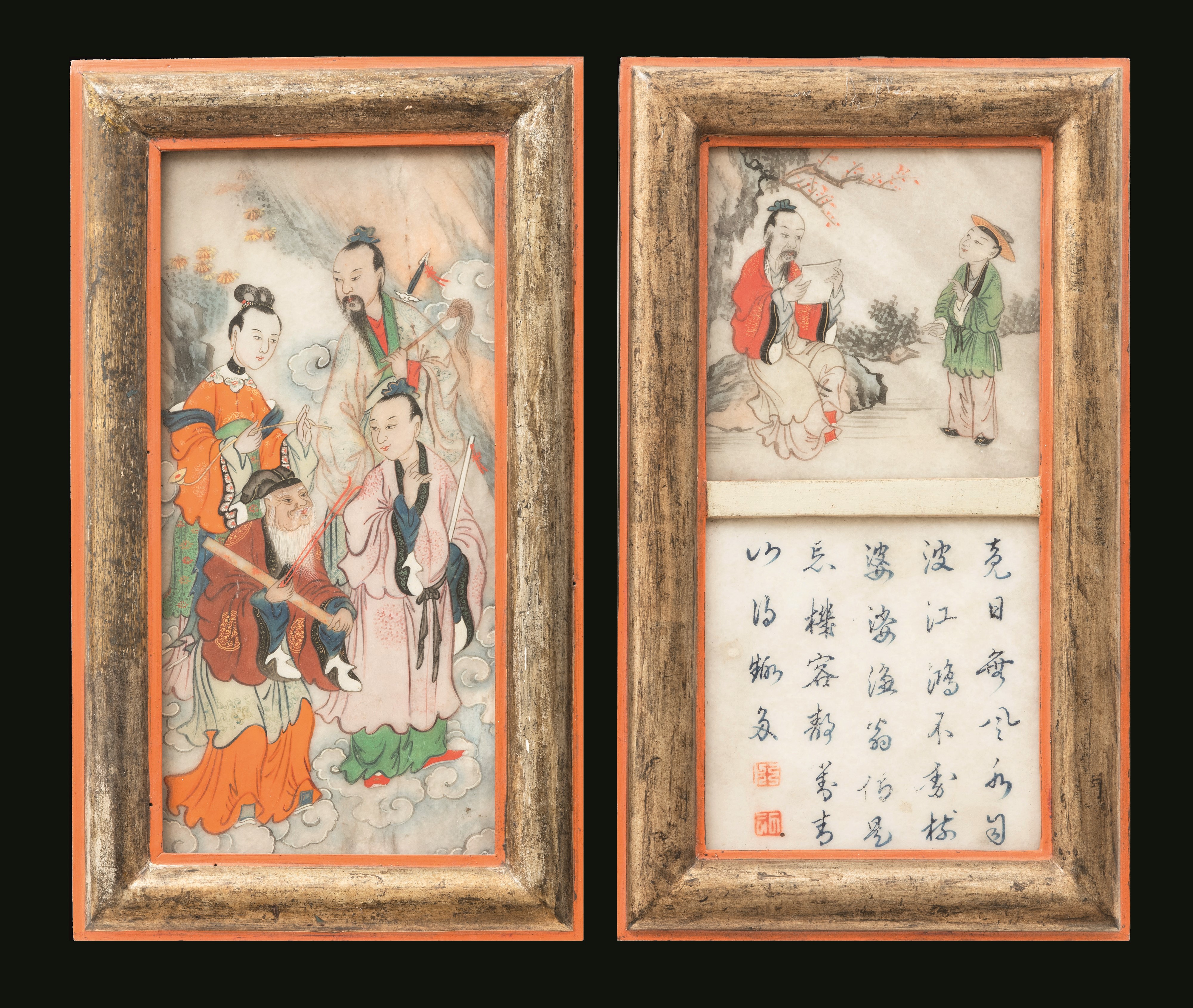Cina, Cinque placche in marmo dipinte con personaggi, paesaggi e iscrizioni, Dinastia Qing,  XIX ...
