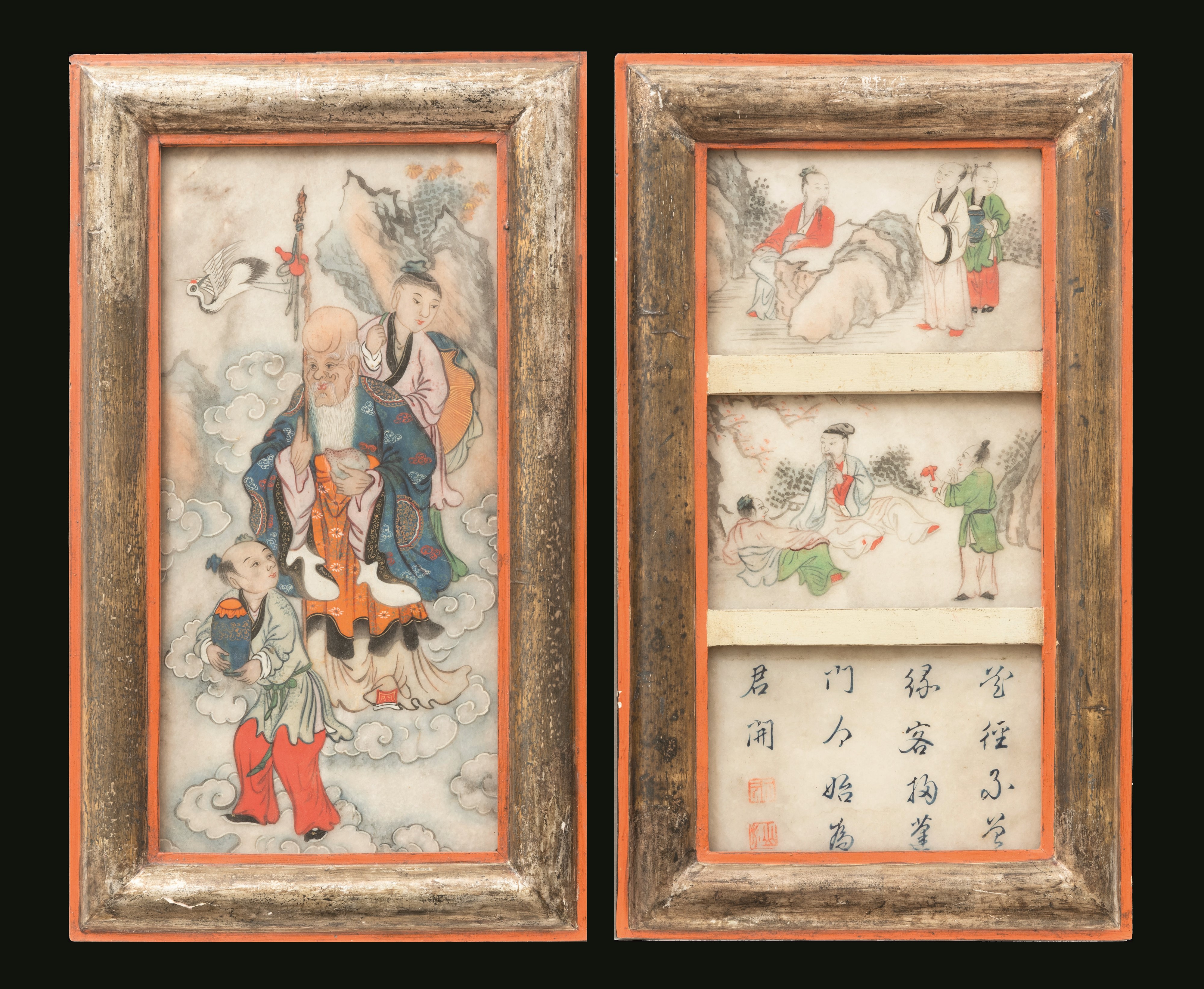 Lotto di Cinque Placche in Marmo Dipinte Raffiguranti Personaggi, Paesaggi e Iscrizioni, Cina, Di...