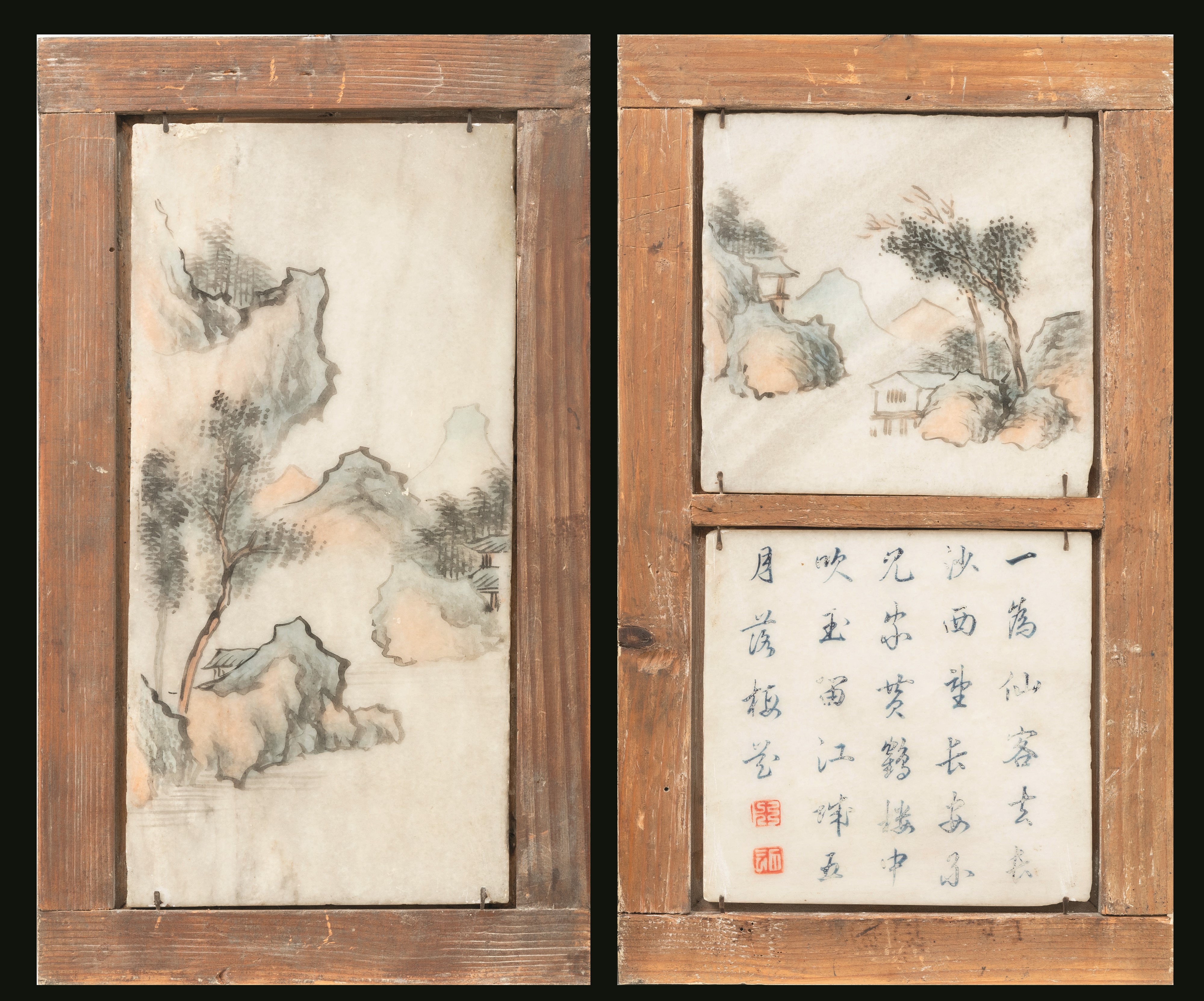 Lotto di Cinque Placche in Marmo Dipinte Raffiguranti Personaggi, Paesaggi e Iscrizioni, Cina, Di...