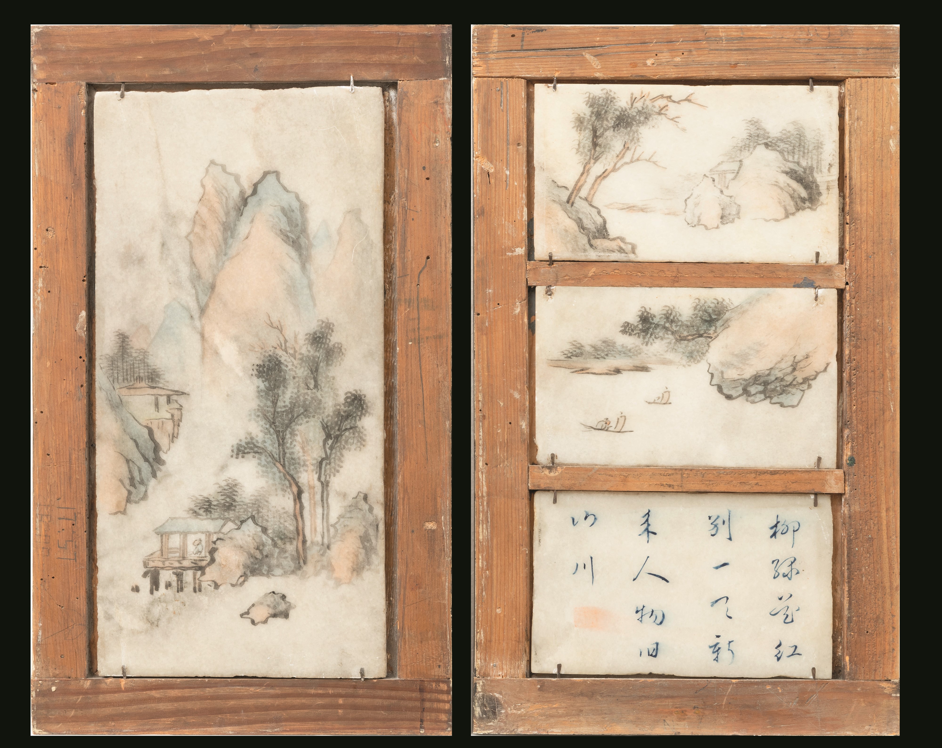 Lotto di Cinque Placche in Marmo Dipinte Raffiguranti Personaggi, Paesaggi e Iscrizioni, Cina, Di...