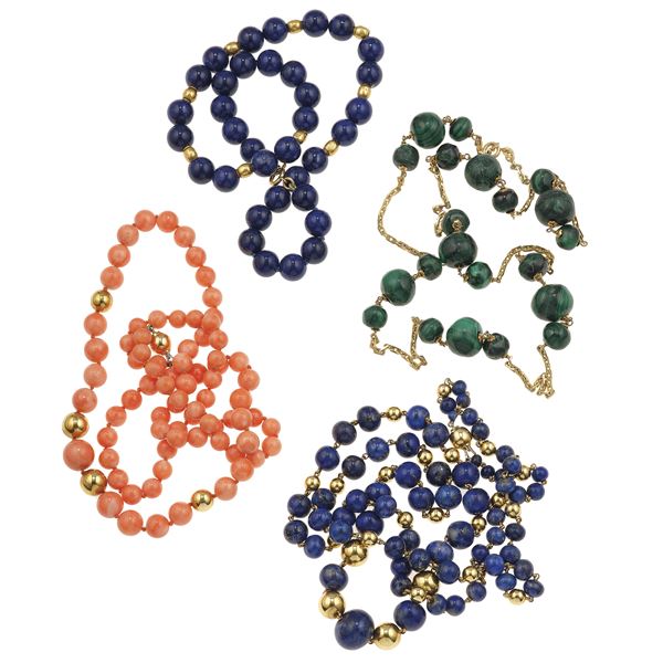 Four gold, lapis lazuli, coral and malachite necklaces