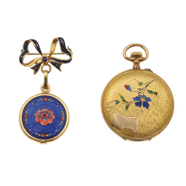 Low karat gold and enamel pocket watch and gold brooch