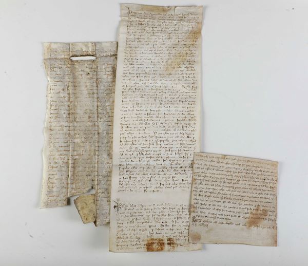 Tre pagine manoscritte su pergamene, del XIII-XIV secolo