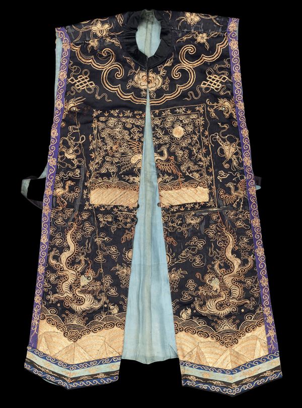 Women's surcoat of the sleeveless jifu type made of silk satin with decorations depicting dragons and phoenixes embroidered in silk and gold metallic thread, China, Qing Dynasty, 19th century