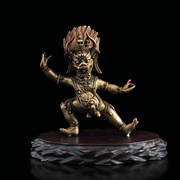 Figura scolpita in bronzo raffigurante Yamantaka con tracce di policromia, Tibet, XVIII secolo