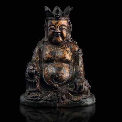 Figura di Budai in Bronzo con Tracce di Doratura, Cina, Dinastia Ming (1368-1644)