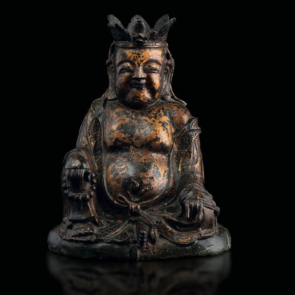 Figura di Budai in bronzo con tracce di doratura, Cina, Dinastia Ming (1368-1644)