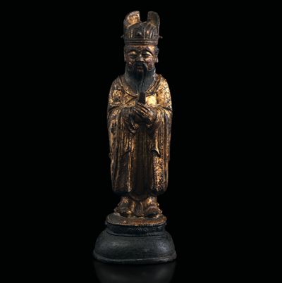 Figura in Bronzo Raffigurante Dignitario Eretto con Tracce di Doratura, Cina, XVII Secolo