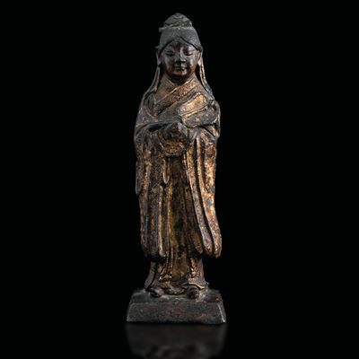 Figura in Bronzo Raffigurante Fanciulla con Tracce di Doratura, Cina, Dinastia Ming, XVII Secolo