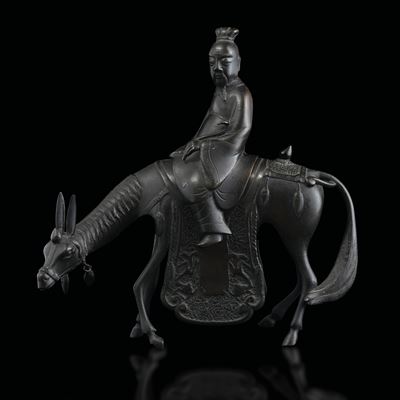 Figura in Bronzo Raffigurante Shoulau che Cavalca un Mulo, Cina, Dinastia Ming, XVII Secolo
