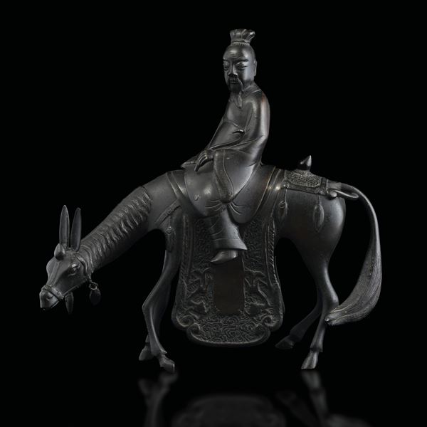 Figura in bronzo raffigurante Shoulau che cavalca un mulo, Cina, Dinastia Ming, XVII secolo