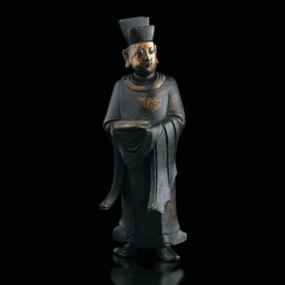 Figura in Bronzo Raffigurante Letterato con Testa Dorata, Cina, Dinastia Ming, XVII Secolo