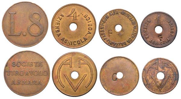 ERITREA E SOMALIA ITALIANA. Lotto di quattro buoni e una medaglia.