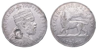 Africa Orientale Italiana. Birr 1889 di Menelik II con Contromarca con L’effigie di Vittorio Eman...