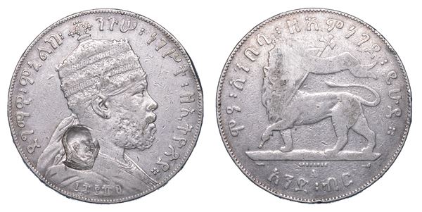 AFRICA ORIENTALE ITALIANA. Birr 1889 di Menelik II con contromarca con l’effigie di Vittorio Emanuele III.