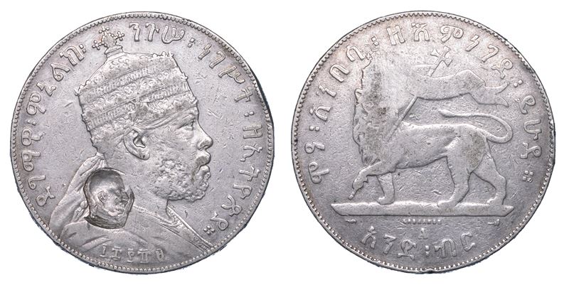 AFRICA ORIENTALE ITALIANA. Birr 1889 di Menelik II con contromarca con l’effigie di Vittorio Emanuele III.  - Auction Numismatics - I - Cambi Casa d'Aste