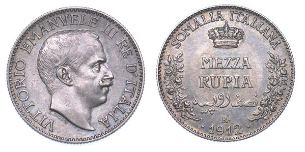 SOMALIA ITALIANA. VITTORIO EMANUELE III DI SAVOIA, 1909-1925. Mezza Rupia 1912.