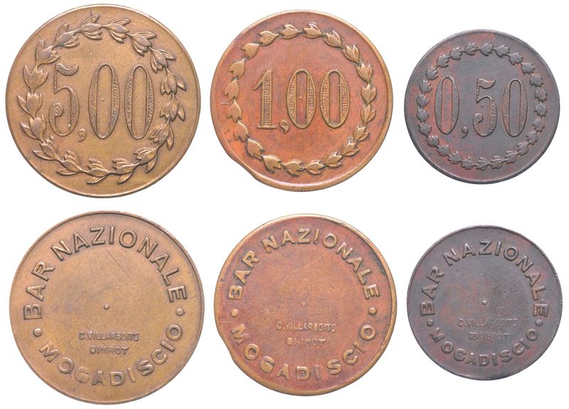 SOMALIA ITALIANA - BAR NAZIONALE MOGADISCIO. Lotto di tre gettoni.  - Auction Numismatics - I - Cambi Casa d'Aste