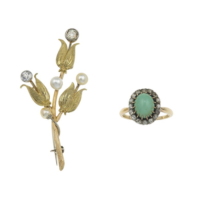 Diamond, pearl and gold brooch and one turquoise and diamond ring  - Auction Jewels - Cambi Casa d'Aste