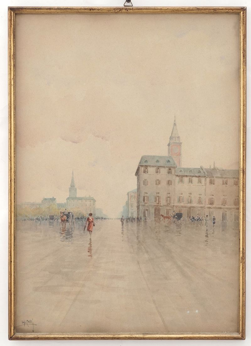 Aurelio Catti : Paesaggio urbano  - Acquarello su carta - Asta Dipinti del XIX-XX Secolo - Cambi Casa d'Aste