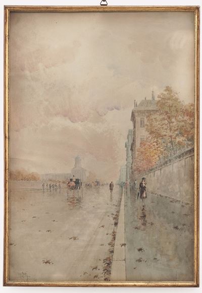 Pittore del XIX-XX secolo, Paesaggio urbano, acquarello su carta