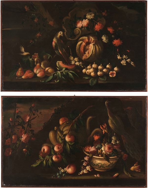 Scuola del XVIII secolo Composizioni con fiori, frutti e volatili