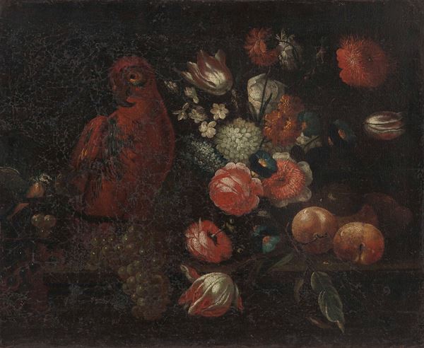 Scuola del XVIII secolo Composizione con fiori e pappagallo