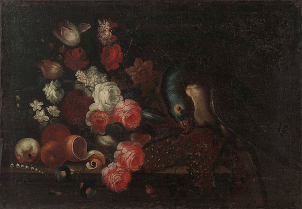 Scuola del XVIII secolo Composizione con fiori e pappagallo