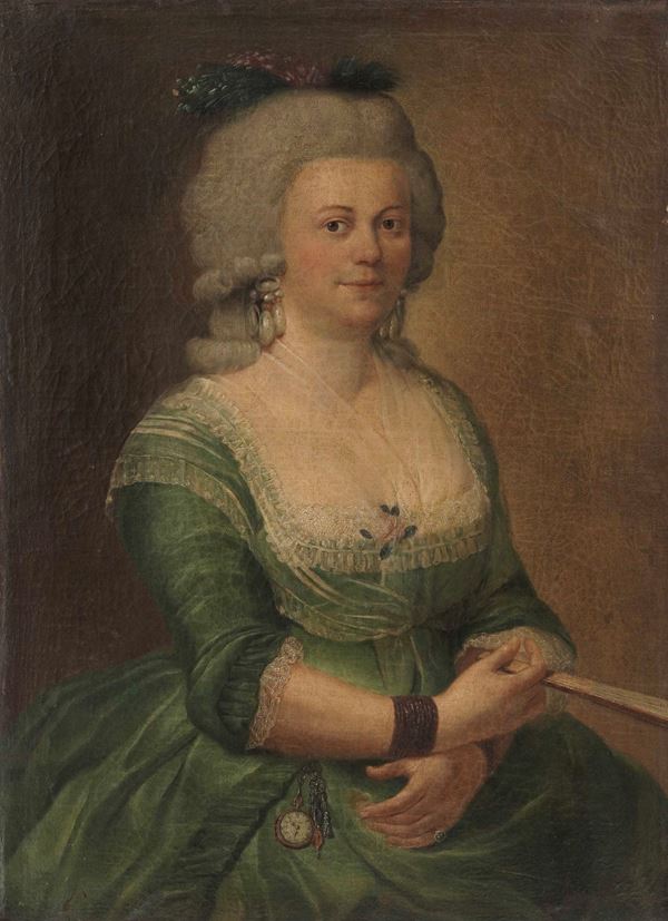 Scuola veneta del XVIII secolo Ritratto di gentildonna con orologio e ventaglio