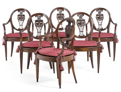 Gruppo di Sei Poltrone in Legno Intagliato. Inghilterra, XIX-XX Secolo