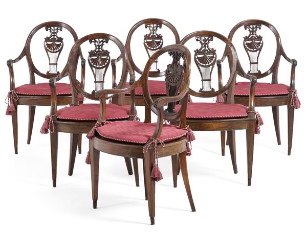 Gruppo di sei poltrone in legno intagliato. Inghilterra, XIX-XX secolo