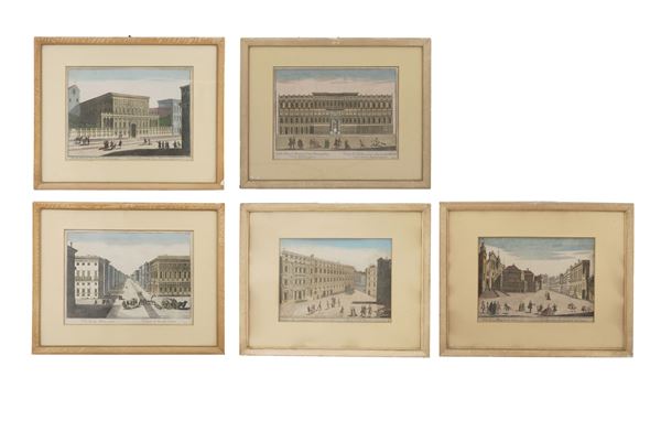 Remondini o stampatore francese o tedesco. XVII-XVIII secolo Cinque vedute ottiche di Genova