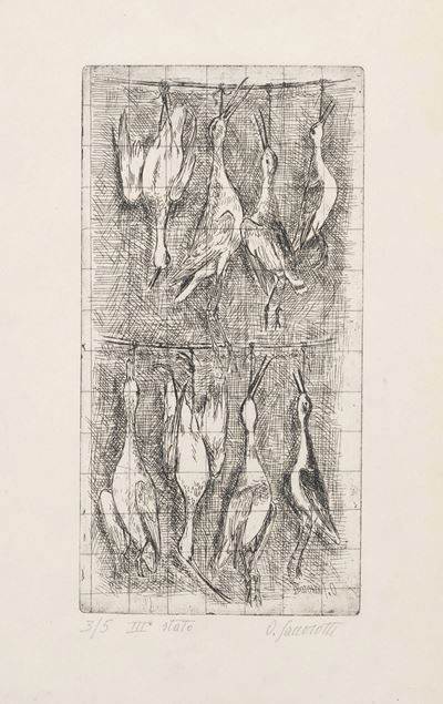 Oscar Saccorotti (1898-1986) Otto Uccelli Palustri Appesi su Due Canne