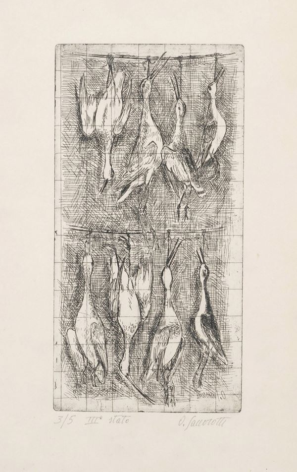Oscar Saccorotti (1898-1986) Otto uccelli palustri appesi su due canne
