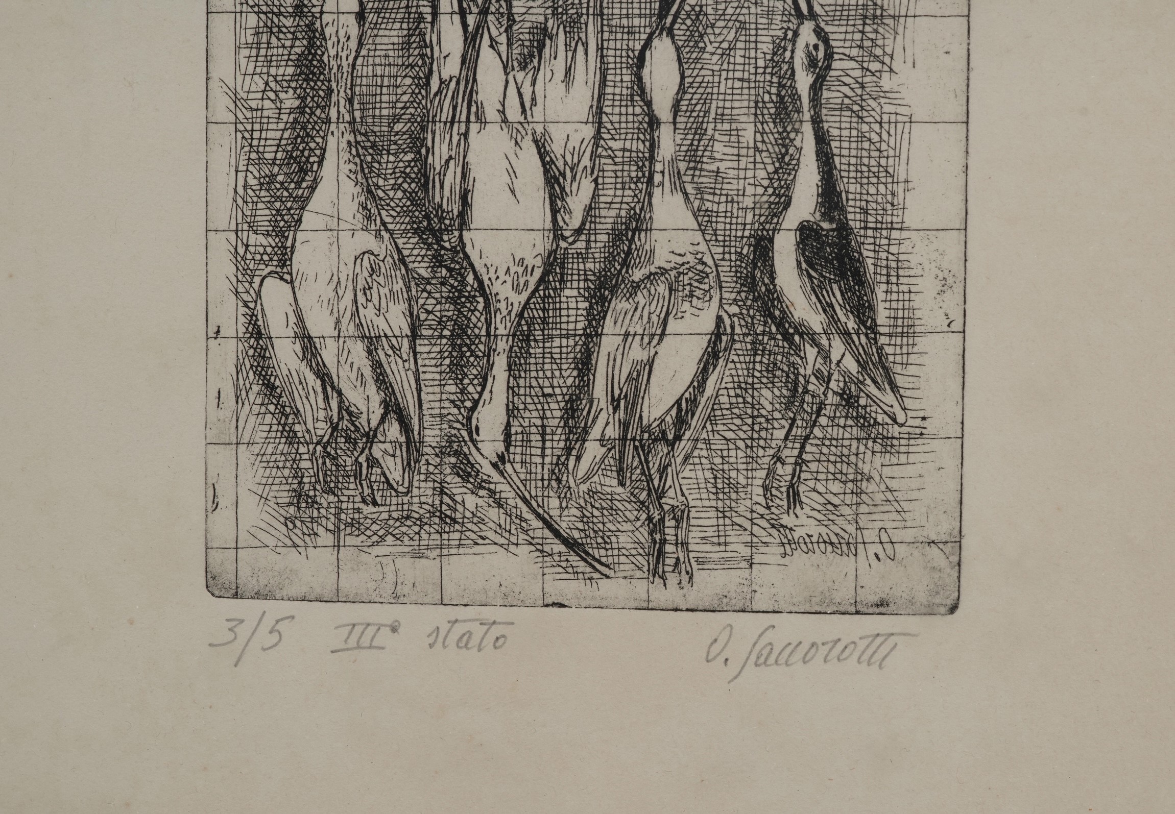 Oscar Saccorotti (1898-1986) Otto Uccelli Palustri Appesi su Due Canne