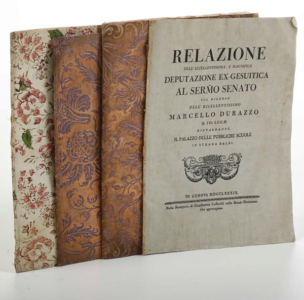 Collezione di quattro placchette del secolo XVIII Relazione dell'eccellentissima e magnifica deputazione ex-gesuitica al sermo Senato...riguardante il Palazzo delle pubbliche scuole in Strada Balbi. In Genova, nelle Stamperia di Giambattista Caffarelli, 1789 / Avviso al pubblico dell'Eccellentissimo Marcello Durazzo. Genova, Stamperia Gesiniana / Breve esposizione di fatto e di ragione per l'eccellentissimo Marcello Durazzo..Genova, stamperia Gesiniana, 1773 / Le ragioni sopra il punto del regresso al Palazzo delle scuole..Genova, Stamperia Gesiniana, 1777