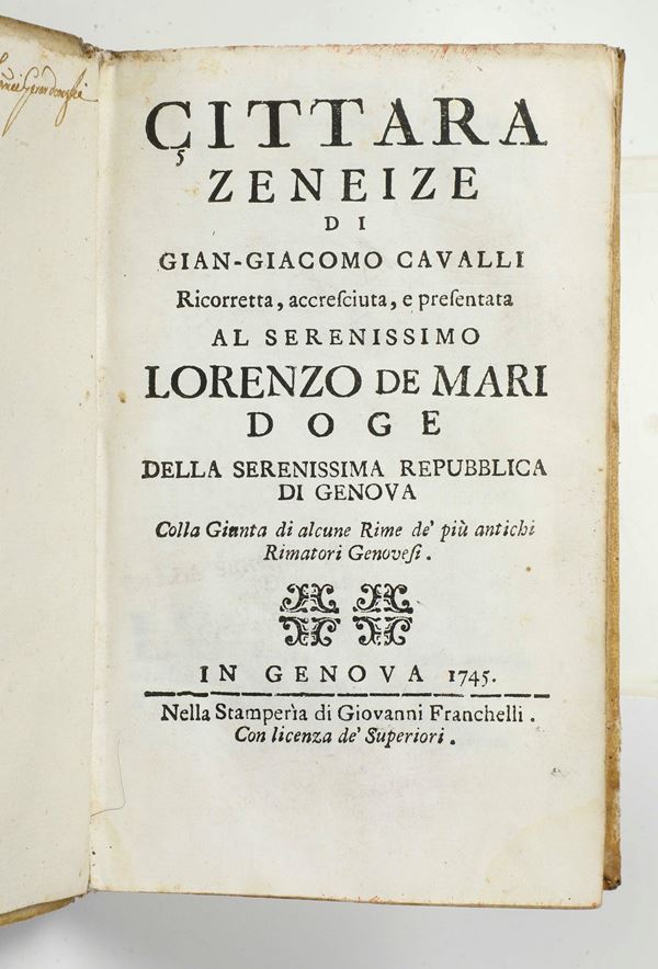 Cavalli Gian Giacomo (1590-1657) Cittara Zeneize.. In Genova, nella stamperia di Giovanni Franchelli, 1745