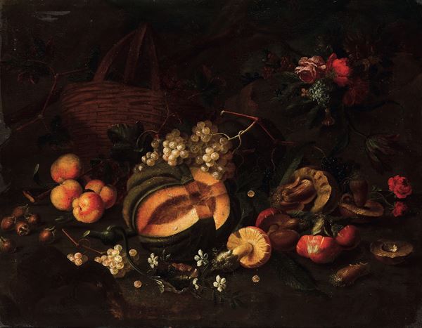 Scuola del XVII secolo Natura morta con zucca, funghi e frutti