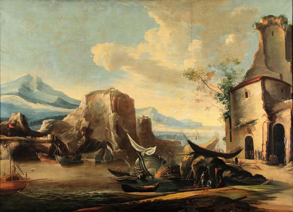 Paesaggio costiero con imbarcazioni e figure