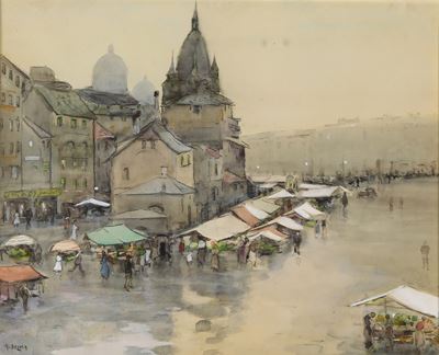 Piazza con mercato - olio su tela