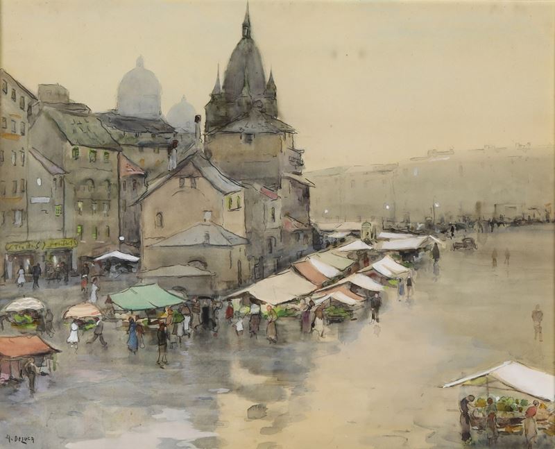 Arturo De Luca : Piazza con mercato  - Auction Antiquariato - Cambi Casa d'Aste