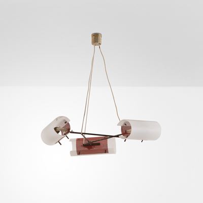 Lampada a sospensione con struttura in ottone e diffusori in metacrilato opalino