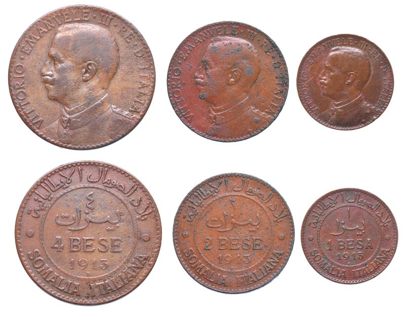 SOMALIA ITALIANA. VITTORIO EMANUELE III DI SAVOIA, 1909-1925. Lotto di tre monete.  - Auction Numismatics - I - Cambi Casa d'Aste