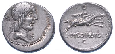 Calpurnia. L. Calpurnius Piso Frugi, 90 a.C. Denario.